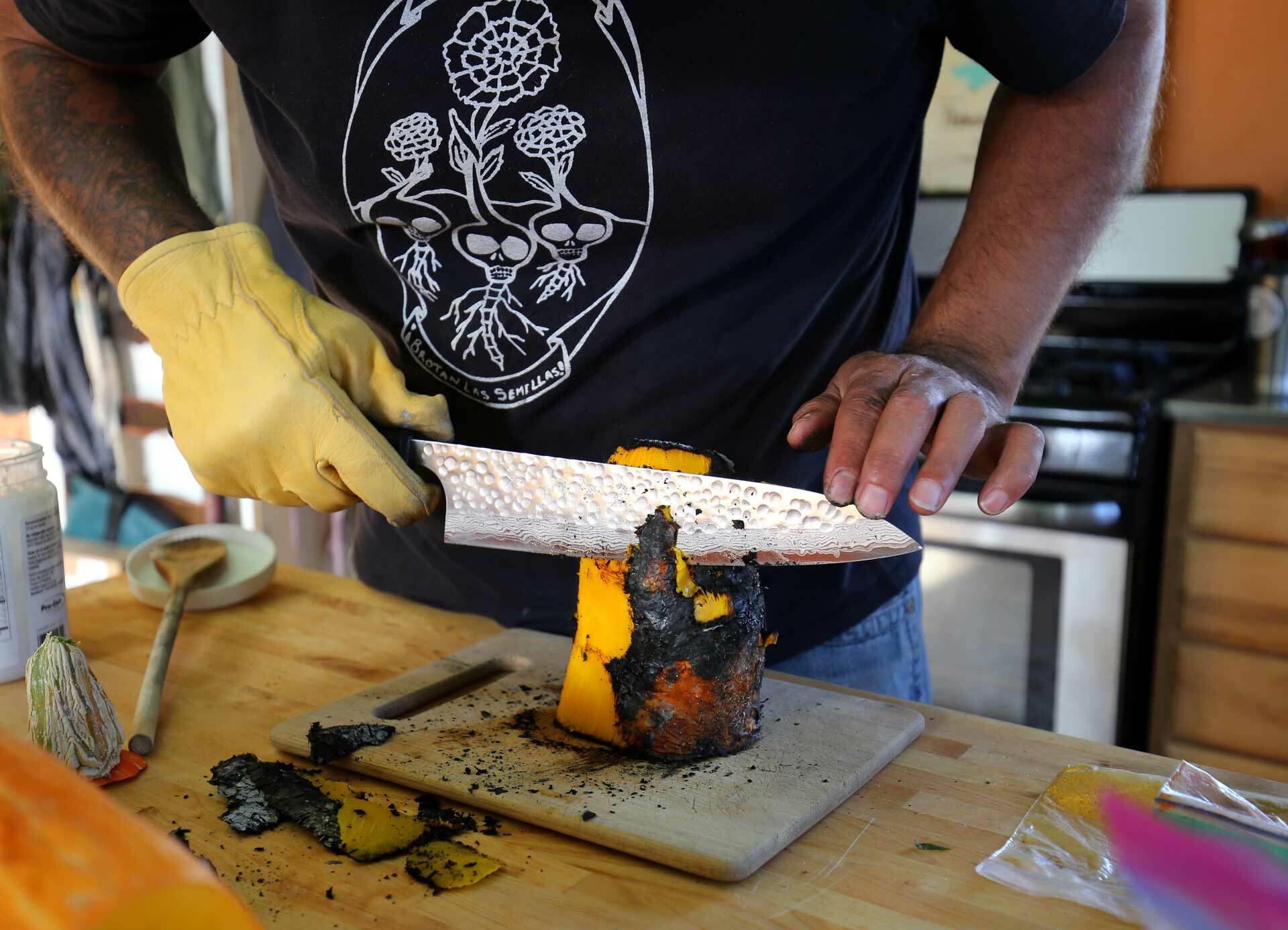 Once the squash is ready, the charred skin is removed.