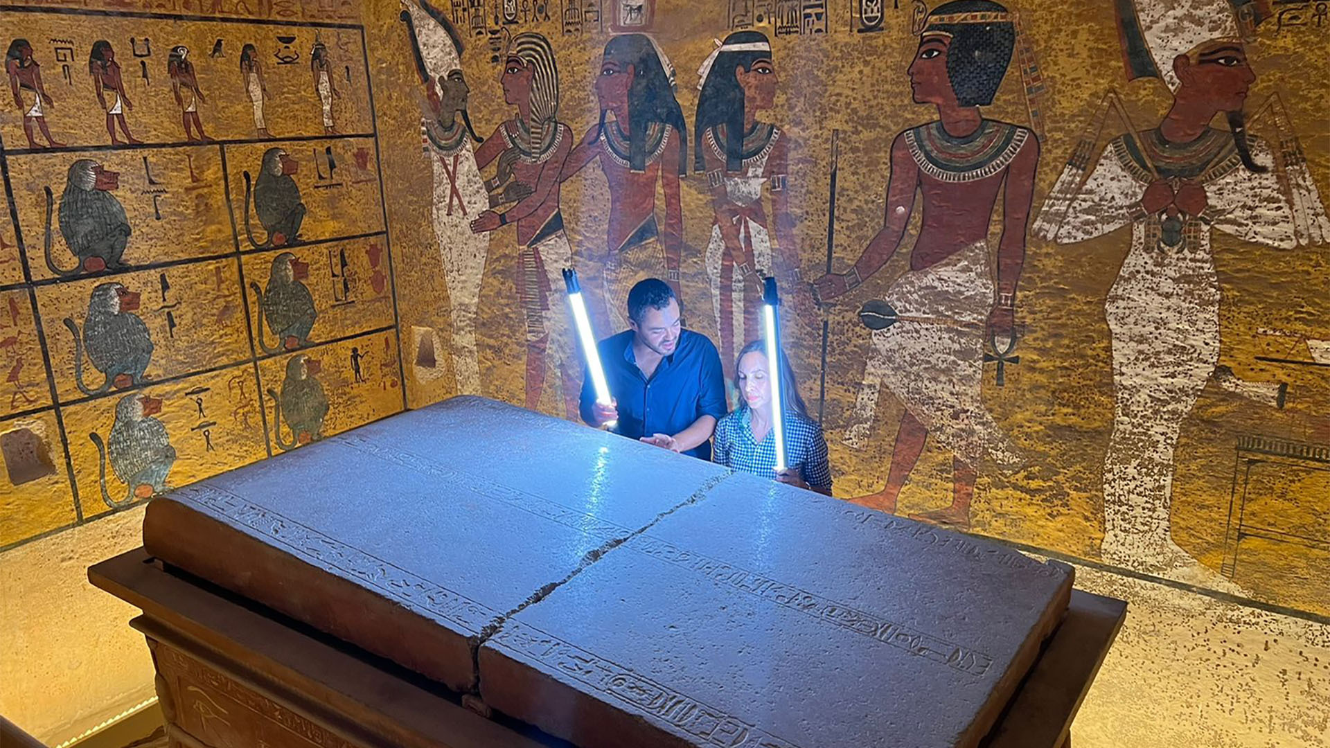 Dr. Yasmin El Shazly and Mahmoud Rashad in KV62 - The Tomb of Tutankhamun in the Valley of the Kings.