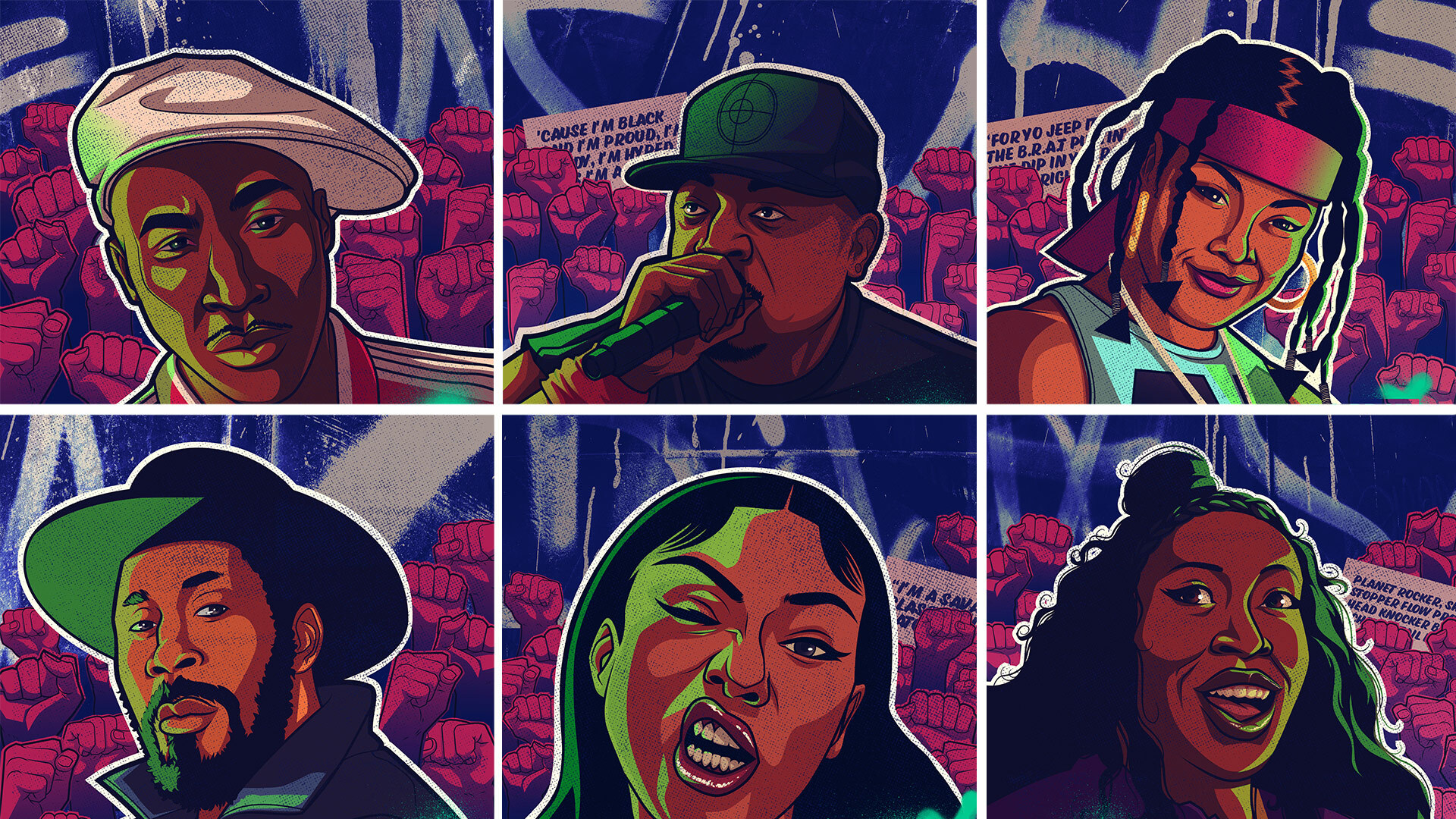 Illustrations of six Hip Hop artists