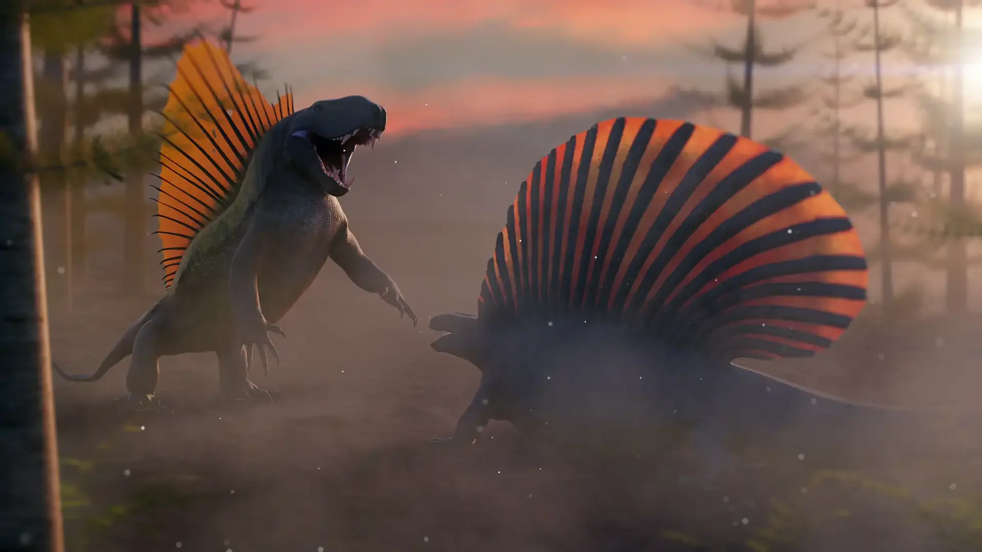 Dimetrodon, one of the world's first terrestrial apex predators, fights Edaphosaurus, one of the first big herbivores to ever live on land.