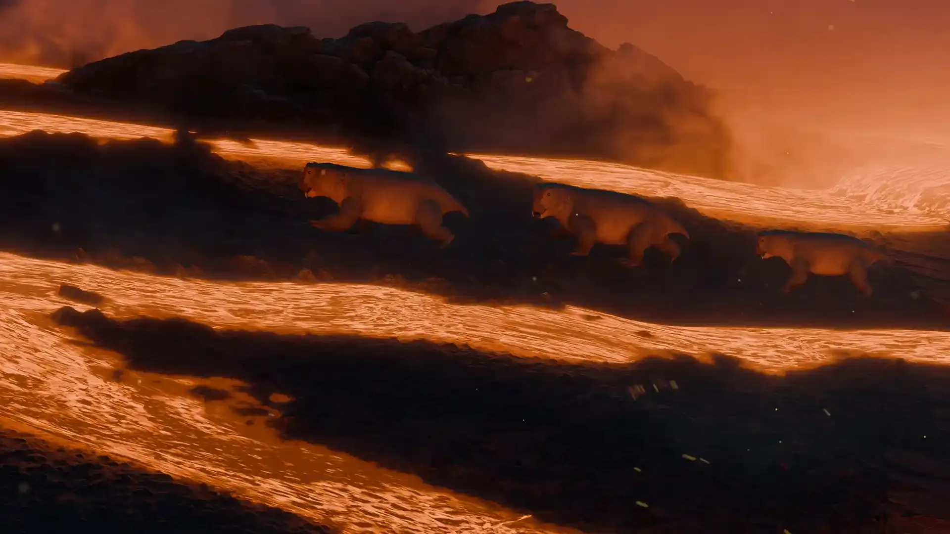 Lystrosaurus herd navigating lava flows during the Great Dying