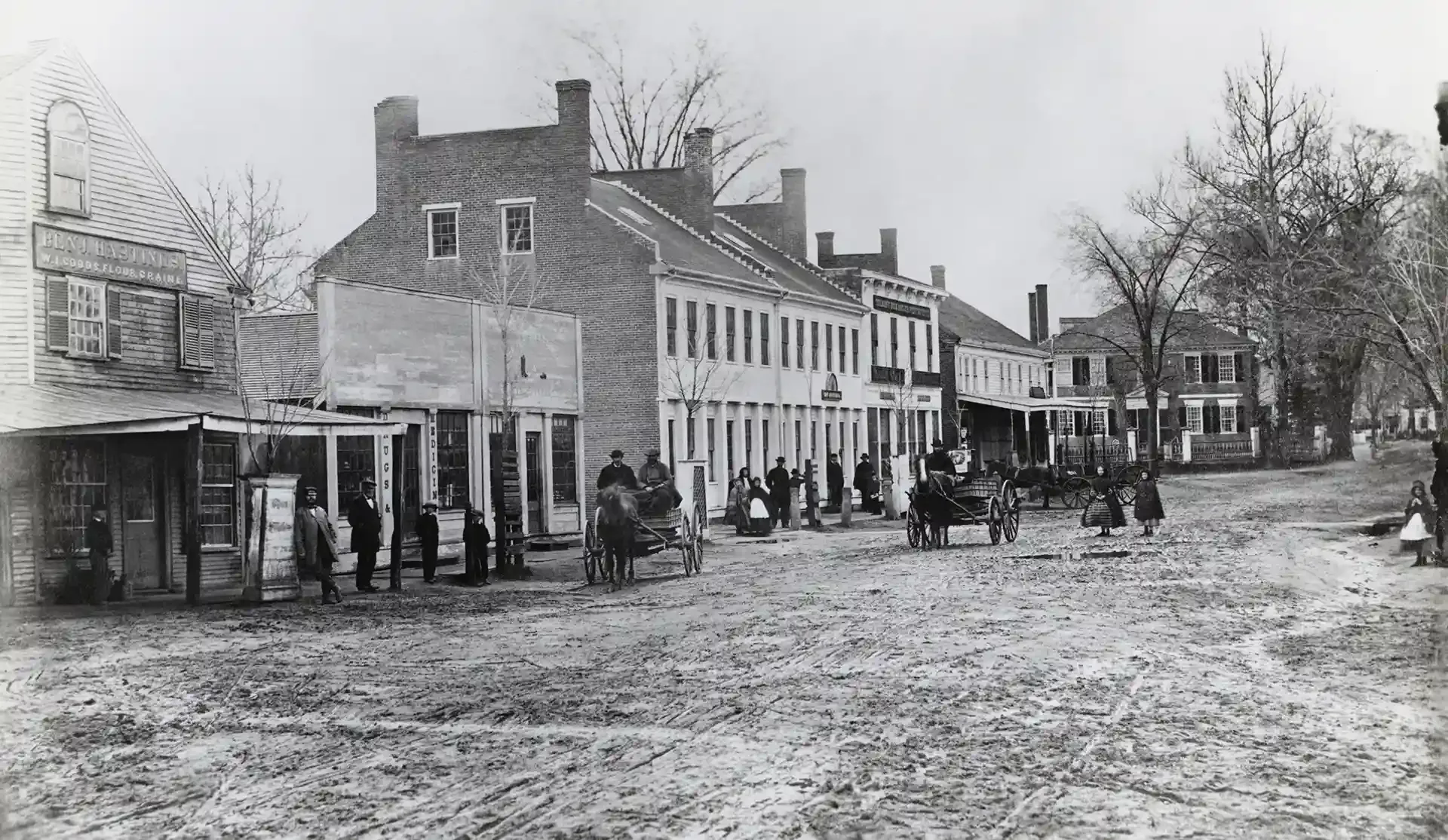 Black and white photo of Concord, Massachusetts in the early 19th century.