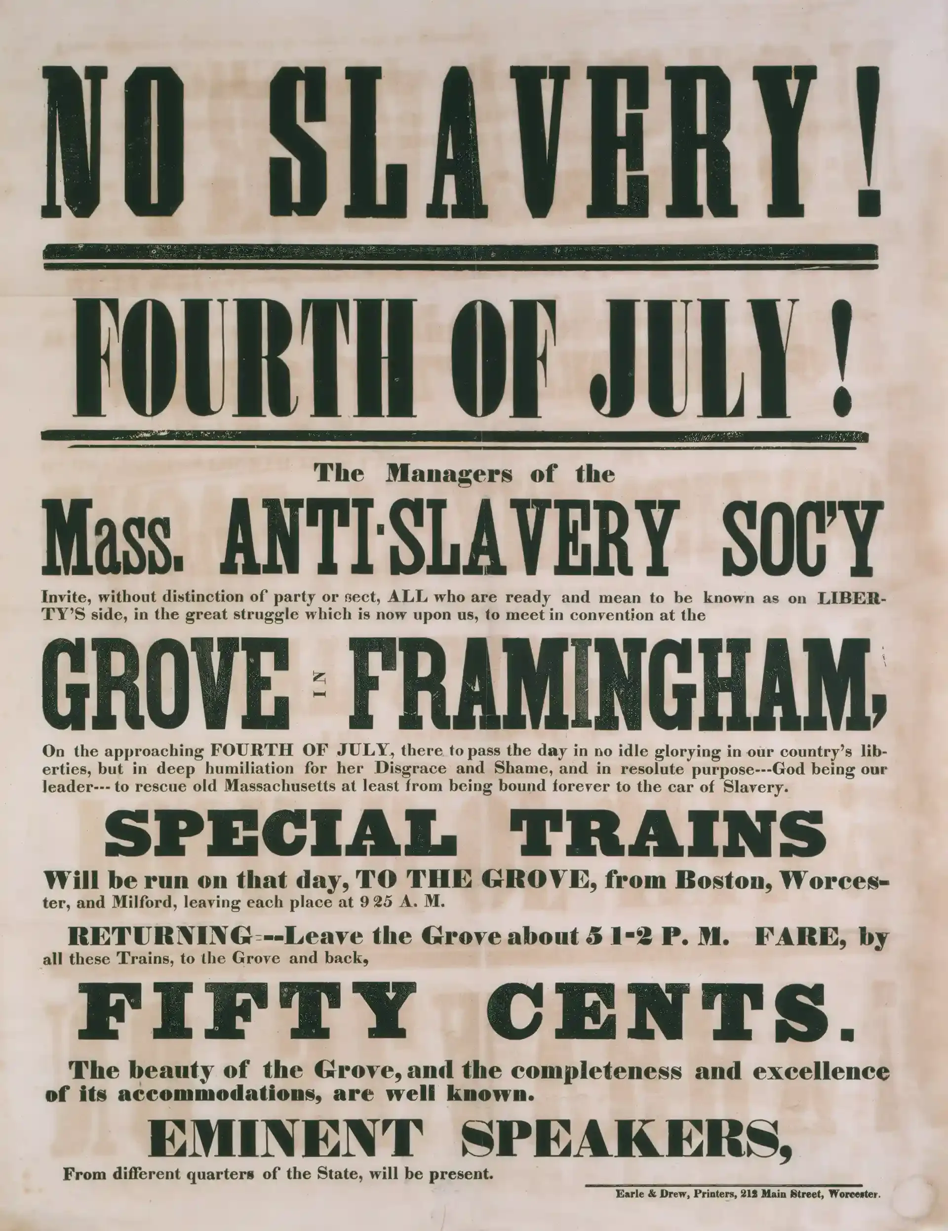 Poster promoting the Fourth of July anti-slavery protest in Framingham, Massachusetts.